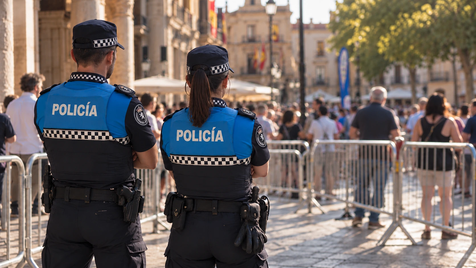 Imagen editorial de concepto: dos agentes de espaldas en una plaza, con uniformes azules.