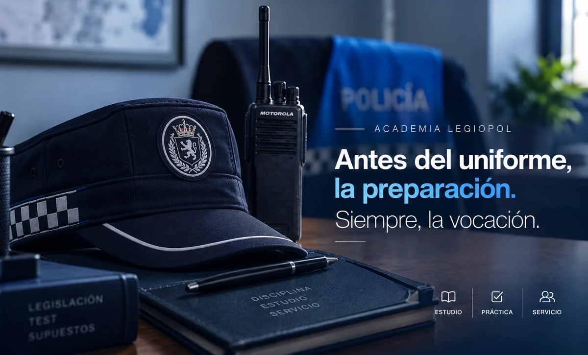 Composición editorial aprobada de LegioPOL: gorra, radio y cuaderno. Antes del uniforme, la preparación. Siempre, la vocación.