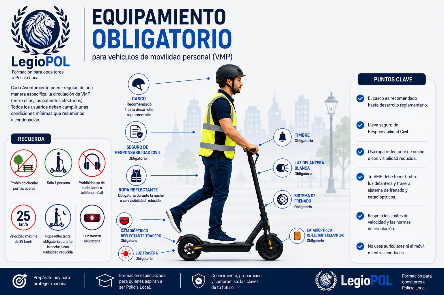 Infografía de LegioPOL sobre VMP, seguro obligatorio y criterios sancionadores de la DGT