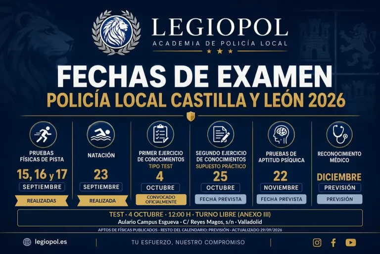 Calendario de exámenes de Policía Local de Castilla y León 2026, con el test del 4 de octubre convocado oficialmente.