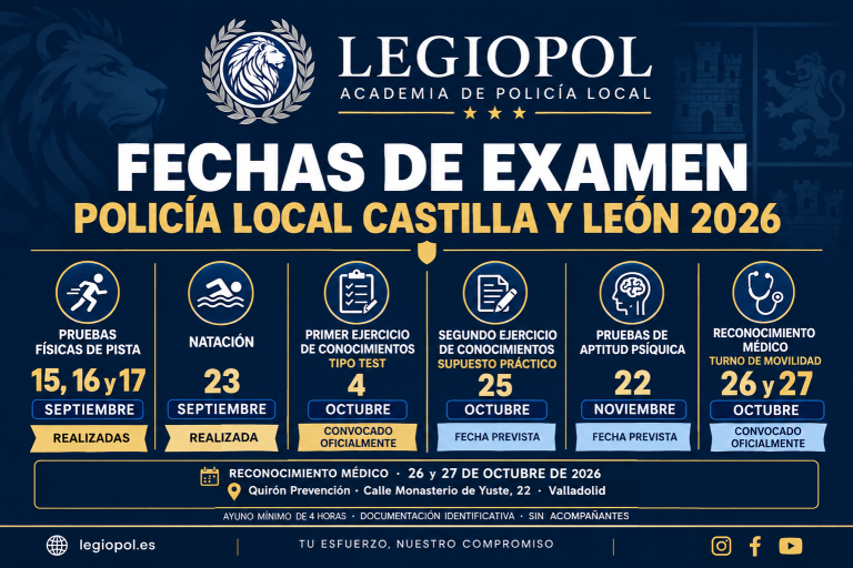Fechas de examen Policía Local Castilla y León 2026. Reconocimiento médico del turno de movilidad: 26 y 27 de octubre.