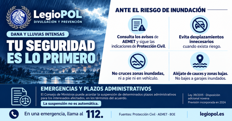 Infografia LegioPOL con consejos de seguridad ante lluvias intensas e inundaciones y referencia a los plazos administrativos