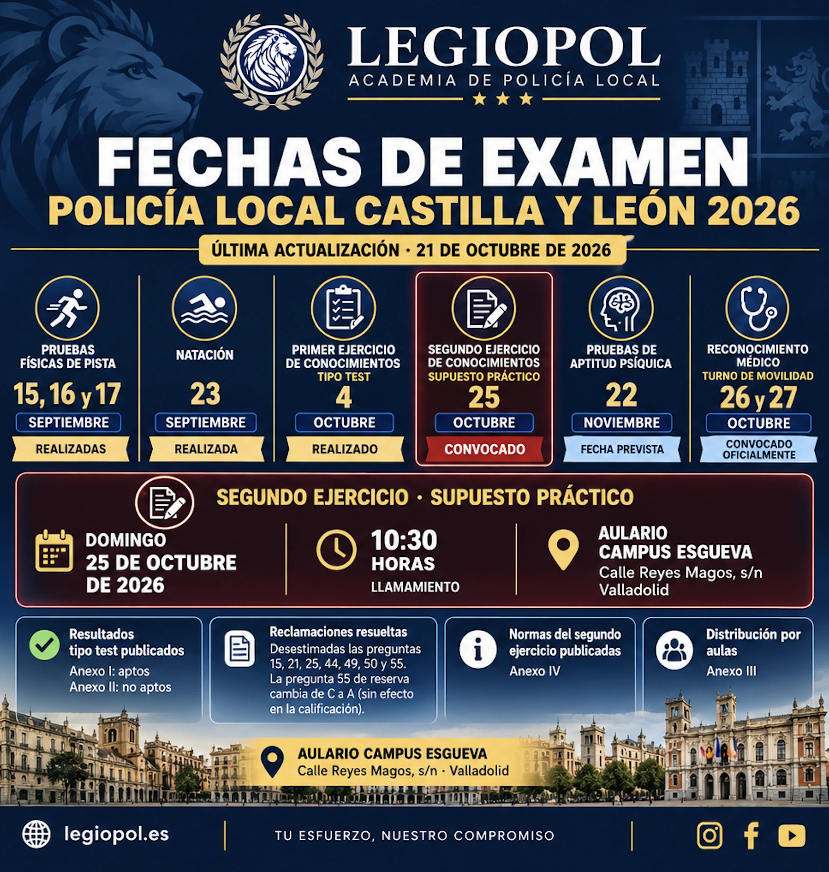 Calendario de exámenes Policía Local Castilla y León 2026. Supuesto práctico del turno libre convocado el 25 de octubre a las 10:30 en Valladolid.